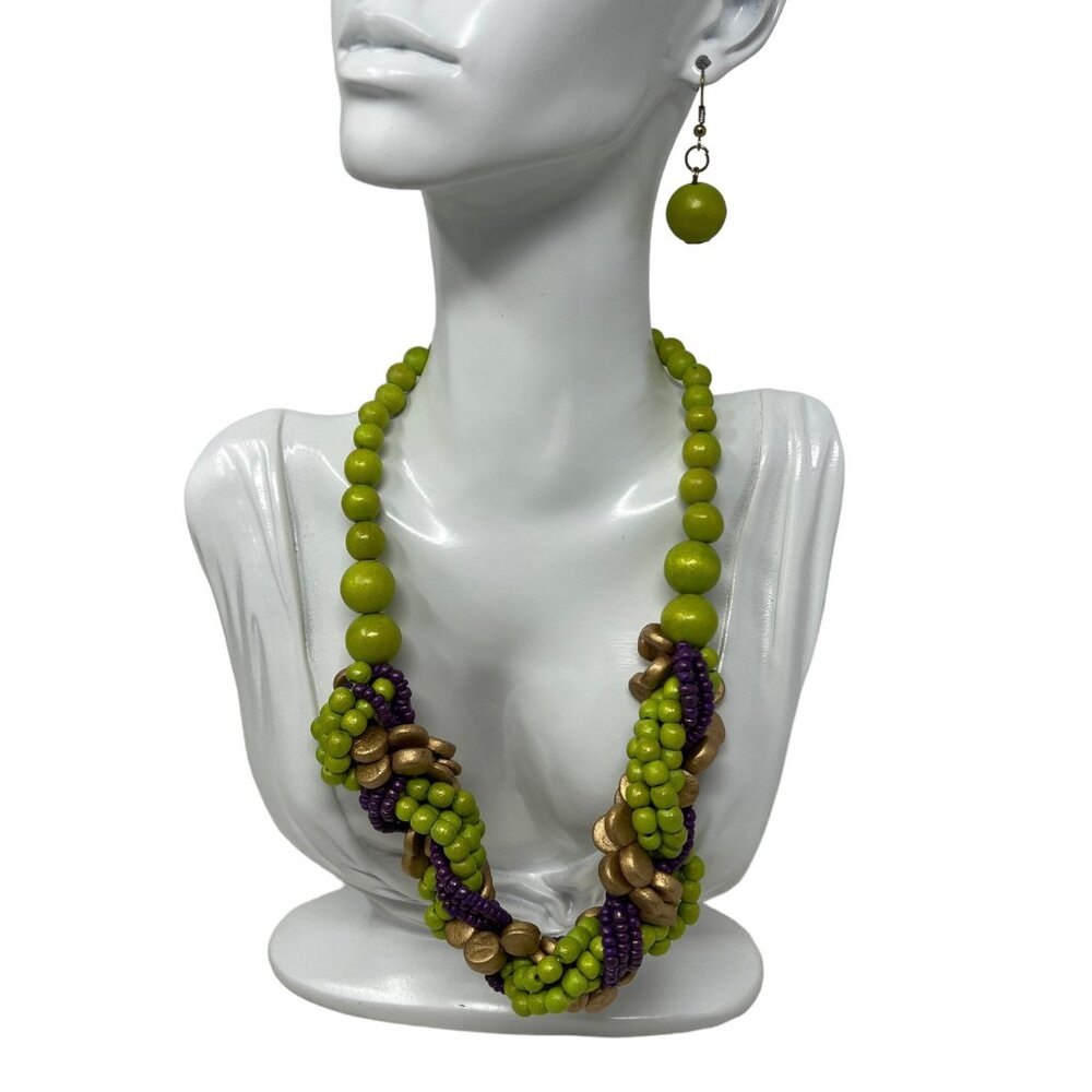 Boho Necklace Earrings Set Wood Green Purple Wood Drop Dangle Pierced